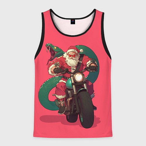 Мужская майка без рукавов Дед Мороз на мотоцикле с змеёй за спиной / 3D-Черный – фото 1