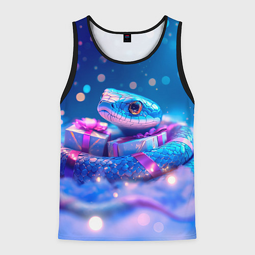 Мужская майка без рукавов Новогодняя змейка с подарком / 3D-Черный – фото 1