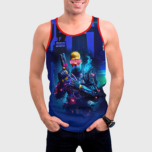Мужская майка без рукавов Homer Simpson with a pistol - cyberpunk / 3D-Красный – фото 3