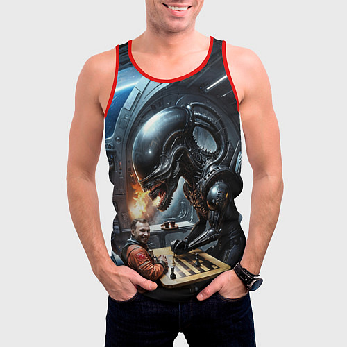 Мужская майка без рукавов Шахматы: Гагарин vs Чужой / 3D-Красный – фото 3