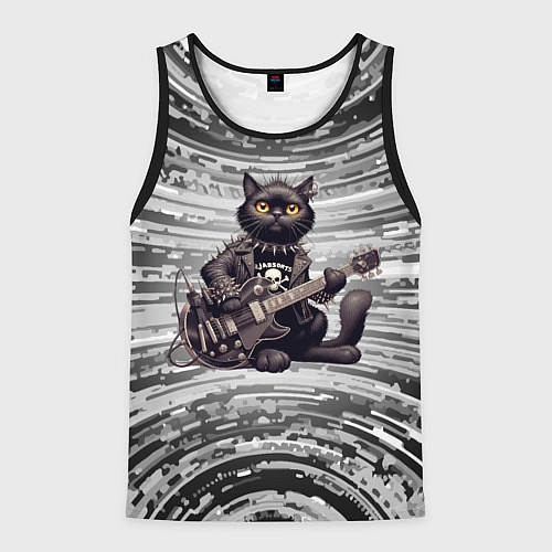 Мужская майка без рукавов Чёрный кот играет на гитаре - нейроарт / 3D-Черный – фото 1