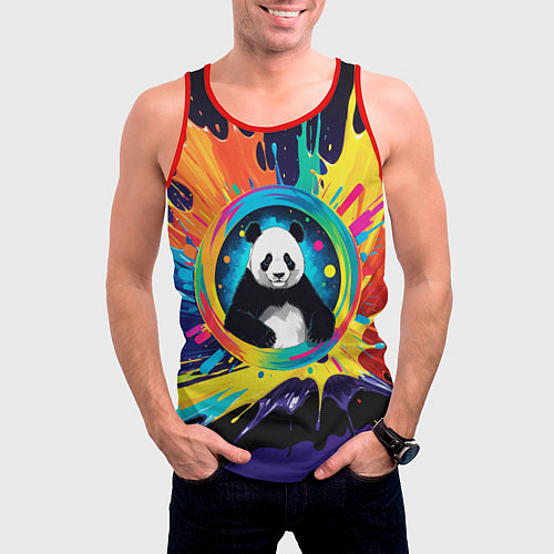 Мужская майка без рукавов Панда на фоне взрыва красок / 3D-Красный – фото 3