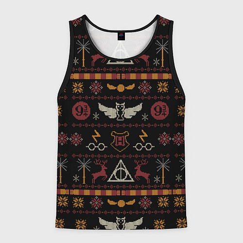 Мужская майка без рукавов Новогодний паттерн - Гарри Поттер / 3D-Черный – фото 1