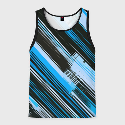 Мужская майка без рукавов Синие диагональные полосы на чёрном фоне / 3D-Черный – фото 1