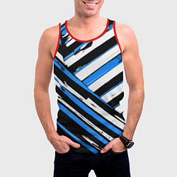 Майка-безрукавка мужская Бело-синие диагональные полосы на чёрном фоне, цвет: 3D-красный — фото 2