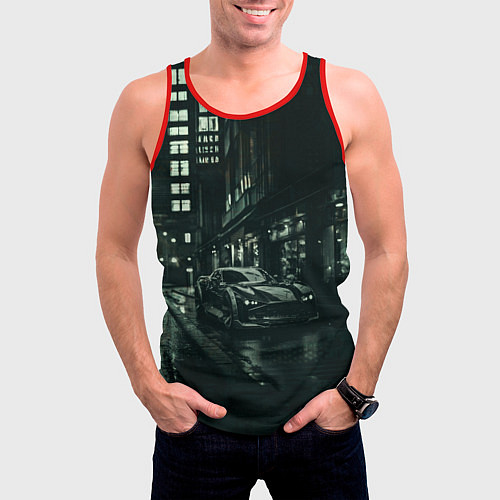 Мужская майка без рукавов Спорткар на тёмной улице / 3D-Красный – фото 3