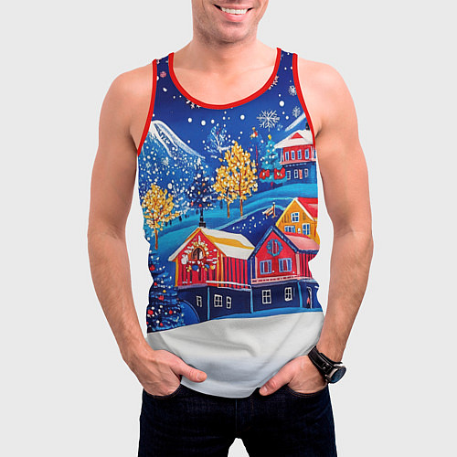 Мужская майка без рукавов Новогодний городок в горах / 3D-Красный – фото 3