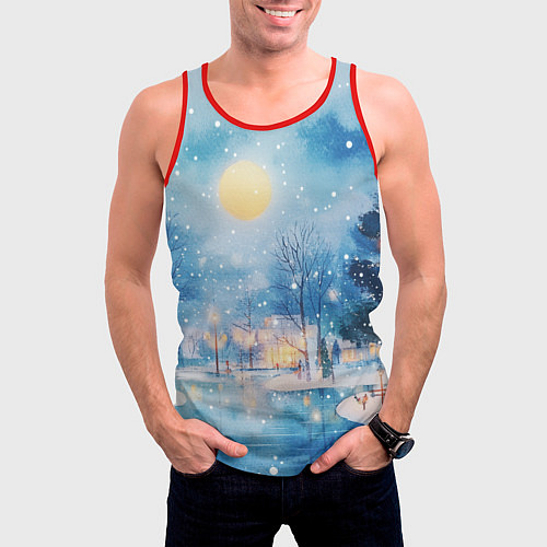 Мужская майка без рукавов Новогодняя атмосфера - акварель / 3D-Красный – фото 3