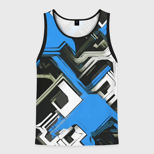 Мужская майка без рукавов Сине-белый техно паттерн на чёрном фоне / 3D-Черный – фото 1