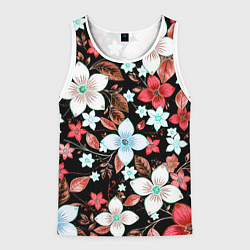 Мужская майка без рукавов Красно-белые цветы на чёрном фоне