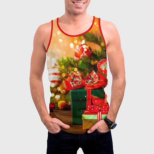 Мужская майка без рукавов Новогодние подарки под ёлку / 3D-Красный – фото 3
