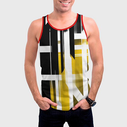 Мужская майка без рукавов Чёрно-жёлтые вертикальные и горизонтальные полосы / 3D-Красный – фото 3