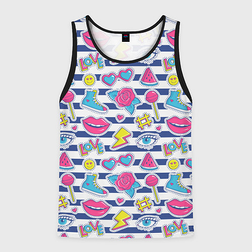 Мужская майка без рукавов Полосатый паттерн с яркими молодежными стикерами / 3D-Черный – фото 1