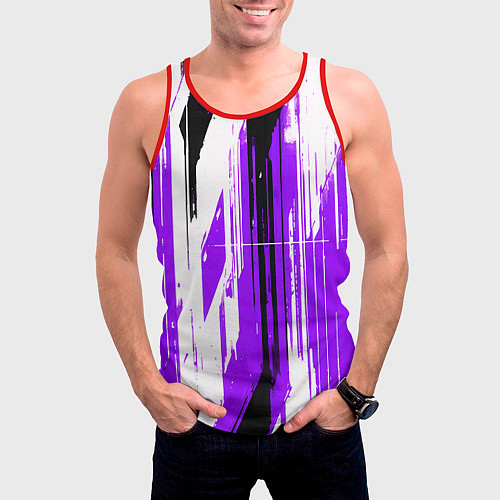 Мужская майка без рукавов Вертикальные чёрно-белые линии на фиолетовом фоне / 3D-Красный – фото 3