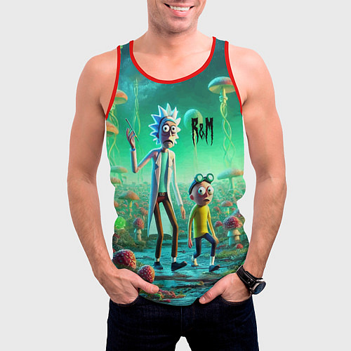 Мужская майка без рукавов Рик и Морти изучают планету мухоморов - нейроарт ф / 3D-Красный – фото 3
