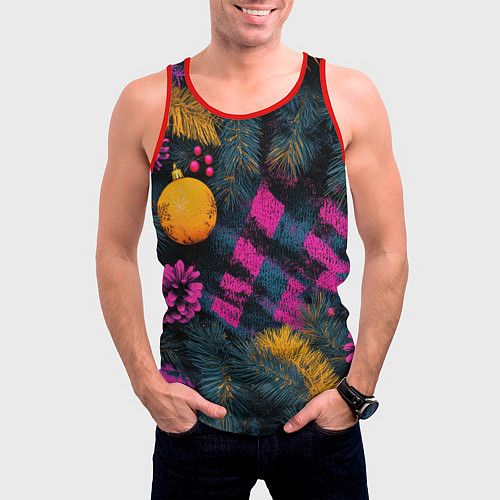 Мужская майка без рукавов Новый год - фиолетовая краска / 3D-Красный – фото 3