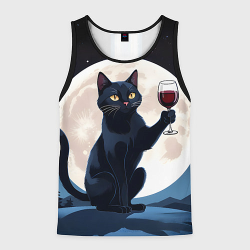 Мужская майка без рукавов Черный кот с вином / 3D-Черный – фото 1
