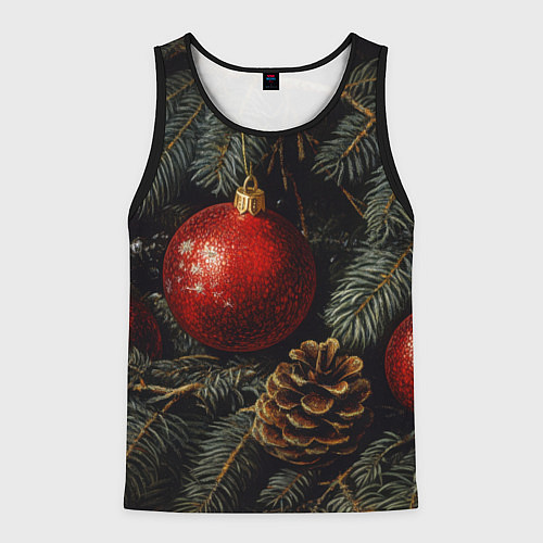 Мужская майка без рукавов Красные новогодние шары с шишкой / 3D-Черный – фото 1