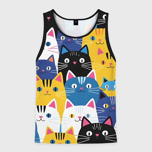 Мужская майка без рукавов Много цветных котиков / 3D-Черный – фото 1