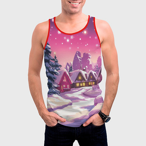 Мужская майка без рукавов Новогодние домики и фиолетовый закат / 3D-Красный – фото 3