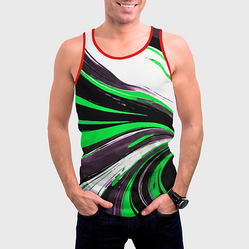 Мужская майка без рукавов Волнистые чёрно-зелёные линии на белом фоне / 3D-Красный – фото 3