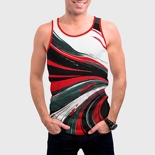 Мужская майка без рукавов Волнистые чёрно-красные линии на белом фоне / 3D-Красный – фото 3