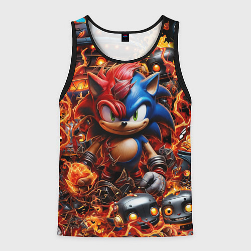 Мужская майка без рукавов Соник и Наклз на фоне огня и роботов / 3D-Черный – фото 1
