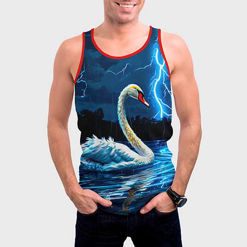 Мужская майка без рукавов Лебедь на пруду в гразу / 3D-Красный – фото 3