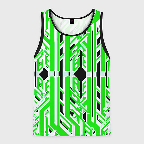 Мужская майка без рукавов Бело-зелёные техно полосы на чёрном фоне / 3D-Черный – фото 1