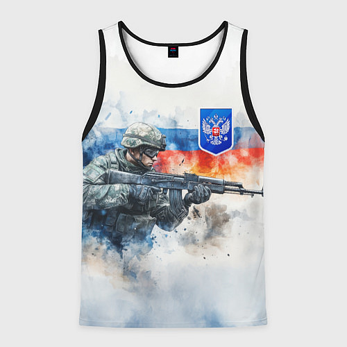 Мужская майка без рукавов Русский солдат и синий герб РФ / 3D-Черный – фото 1