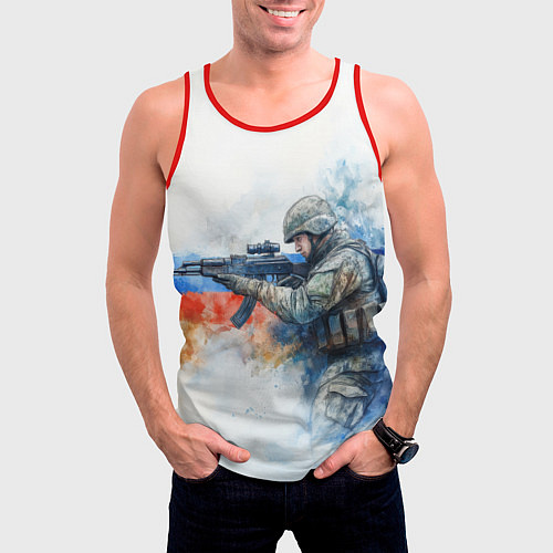 Мужская майка без рукавов Русский солдат и флаг России / 3D-Красный – фото 3