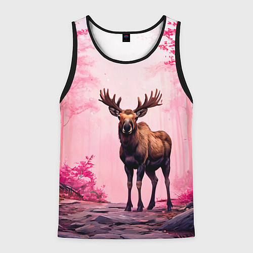 Мужская майка без рукавов Лось в розовом лесу / 3D-Черный – фото 1