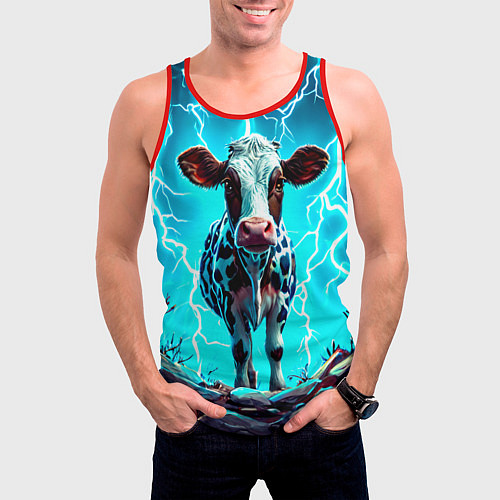 Мужская майка без рукавов Корова в разрядах молнии / 3D-Красный – фото 3