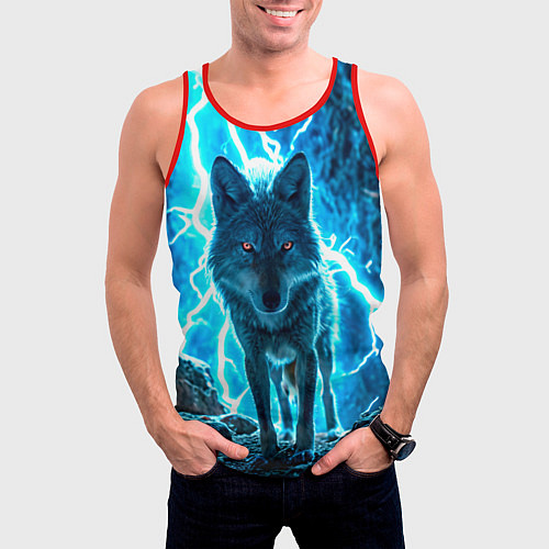 Мужская майка без рукавов Волк в разрядах молнии / 3D-Красный – фото 3