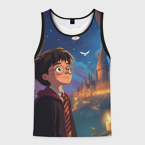 Мужская майка без рукавов Удивленный Гарри Поттер и сова / 3D-Черный – фото 1