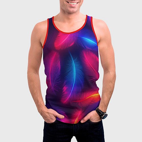 Мужская майка без рукавов Вспыхивающие перья - неоновое свечение / 3D-Красный – фото 3