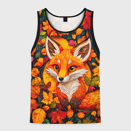 Мужская майка без рукавов Лисенок в осенних листьях / 3D-Черный – фото 1