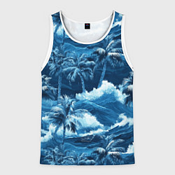 Мужская майка без рукавов Пальмы и волны - голубые оттенки паттерн