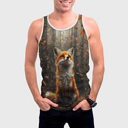 Майка-безрукавка мужская Довольный лис в лесной чаще, цвет: 3D-белый — фото 2