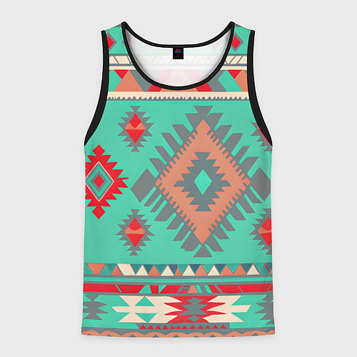 Мужская майка без рукавов Оранжево бирюзовый геометрический узор в стиле ацт / 3D-Черный – фото 1
