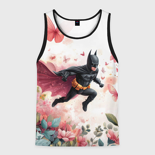 Мужская майка без рукавов Бэтмен прыгает над цветами и бабочками / 3D-Черный – фото 1