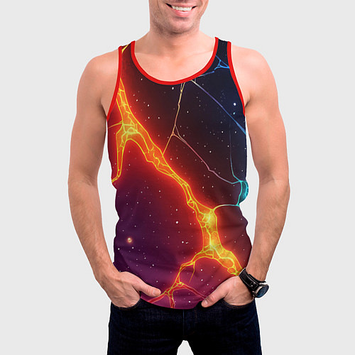 Мужская майка без рукавов Сине-оранжевые молнии текстура / 3D-Красный – фото 3
