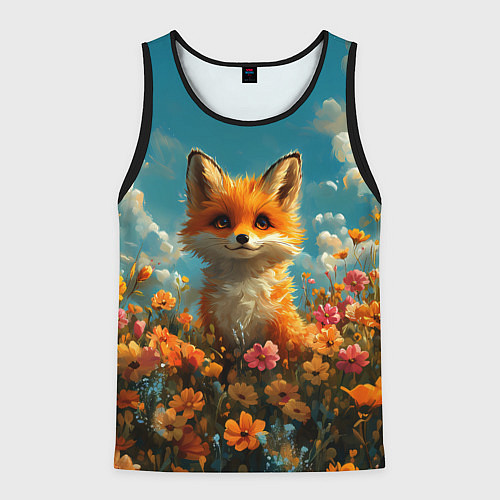 Мужская майка без рукавов Лисица в цветочном поле / 3D-Черный – фото 1
