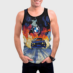 Майка-безрукавка мужская Синяя БМВ за огнем, цвет: 3D-черный — фото 2