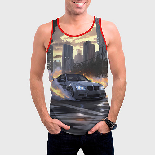 Мужская майка без рукавов БМВ в вечернем городе / 3D-Красный – фото 3