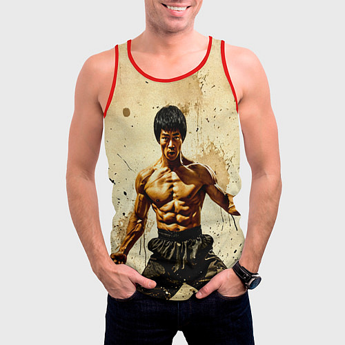 Мужская майка без рукавов Брюс Ли на бежевом / 3D-Красный – фото 3