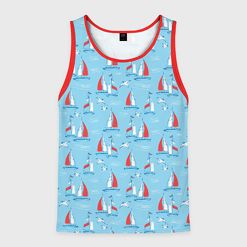 Мужская майка без рукавов Морской паттерн с парусными лодками и чайками / 3D-Красный – фото 1