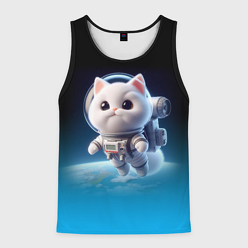 Мужская майка без рукавов Милый белый котёнок космонавт / 3D-Черный – фото 1