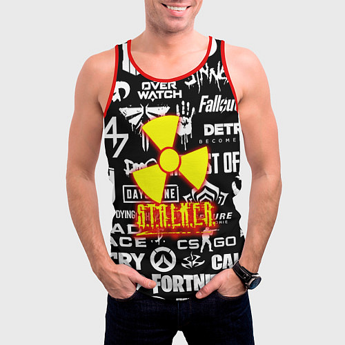 Мужская майка без рукавов Сталкер все логотипы игр / 3D-Красный – фото 3