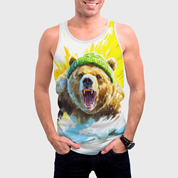 Майка-безрукавка мужская Злой медведь в зеленой шапке, цвет: 3D-белый — фото 2